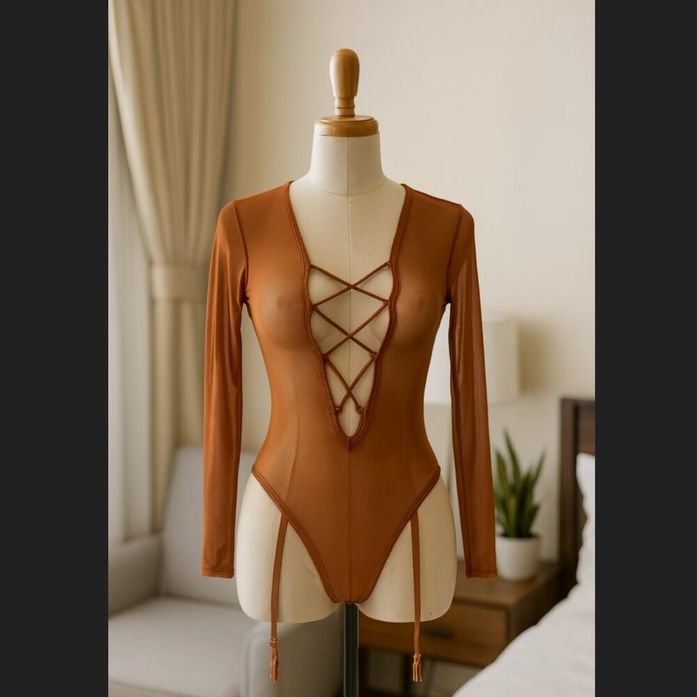 Fredericks of Hollywood Lola Sheer Mesh Teddy Bodysuit Medium Garter Cocoa Brown